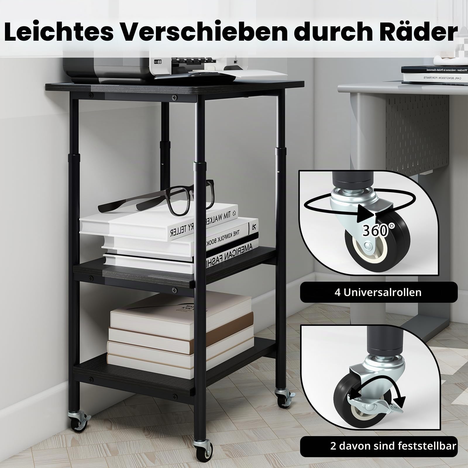 HOMASIS 3-stufiger Druckerständer, Druckertisch mit Rollen, Druckerwagen höhenverstellbar 12 cm, Rollcontainer 20kg belastbar, Druckerregal Rollwagen Maschinenständer für Büro (Schwarz)
