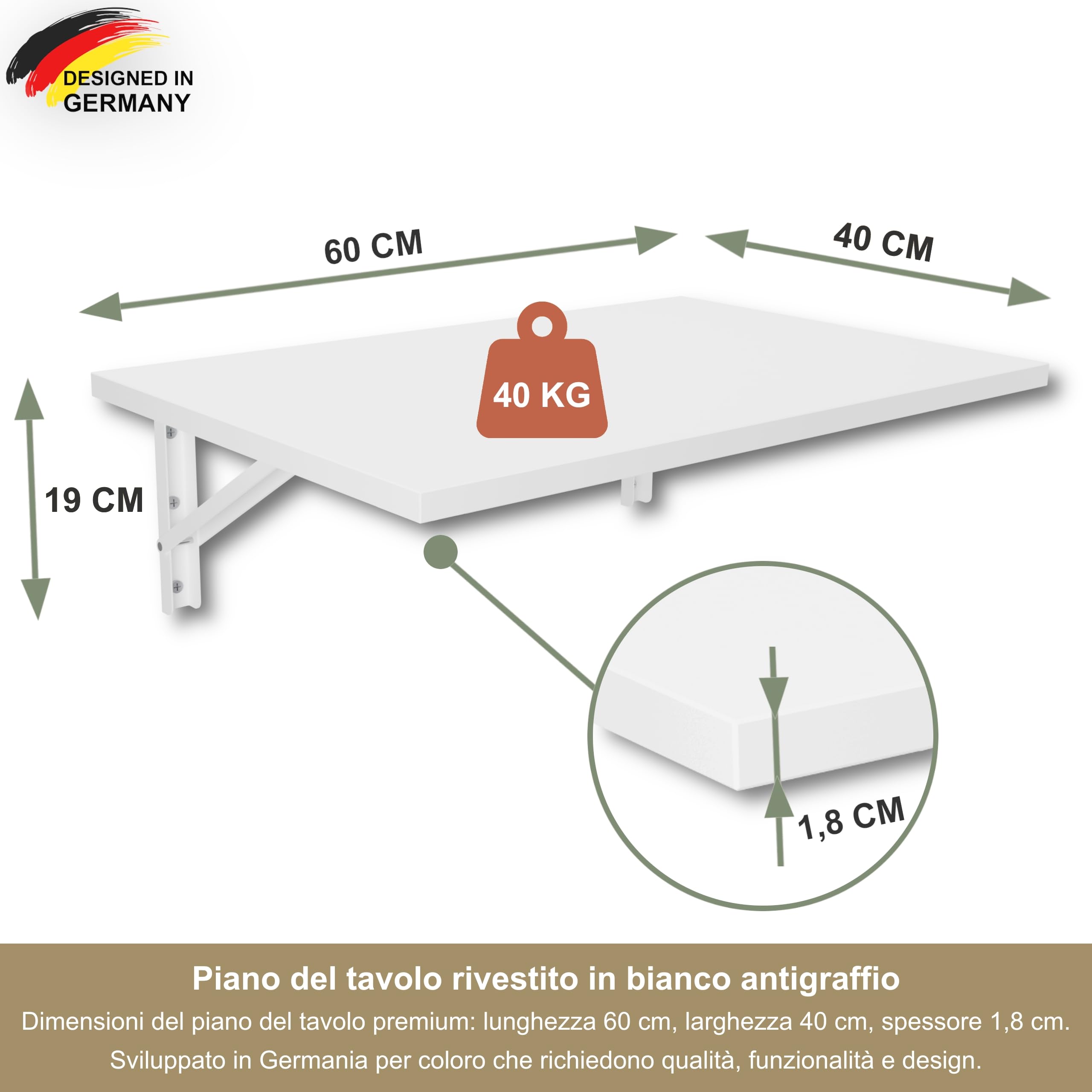 KDR - Tavolo pieghevole da parete, 60 x 40 cm, colore: bianco, tavolo da pranzo, scrivania, tavolo da cucina o posto di lavoro, salvaspazio e versatile