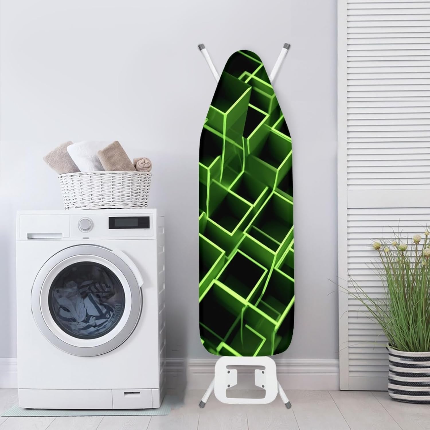 Ironing Board Cover 14x48 Geometric Green Black Iron Board Cover with Padding Heat Reflective,Scorch Resistant Thick Padding,Snug Fit Non-Slip Nose Pocket Fastener Straps Elastic Edges