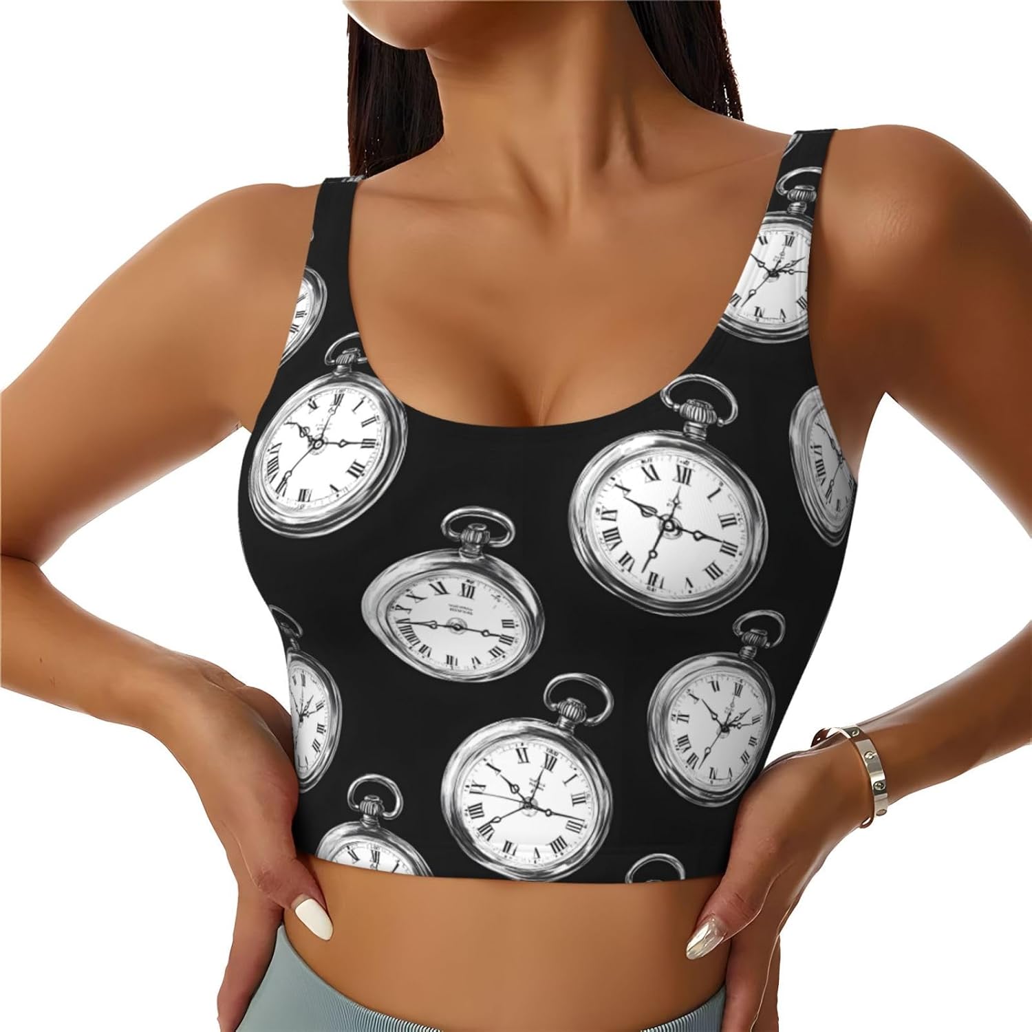 Reggiseni sportivi da donna, ad alto sostegno, stile vintage, con orologio da taschino, stampa, atletica, allenamento, corsa, crop top