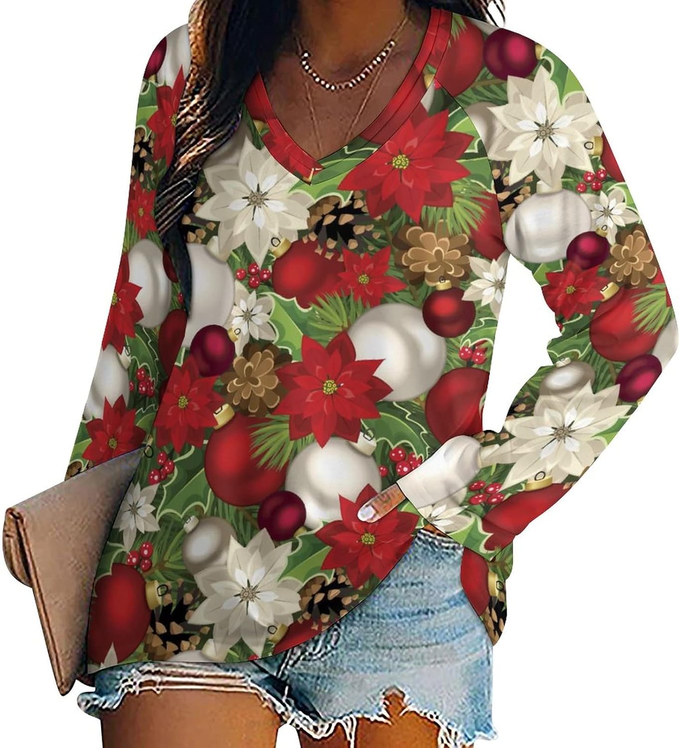 Blooming Red Christmas Flower Poinsettia Pattern Women's V Neck Long Sleeve T-Shirts Fall Clothes Winter Tops for Women