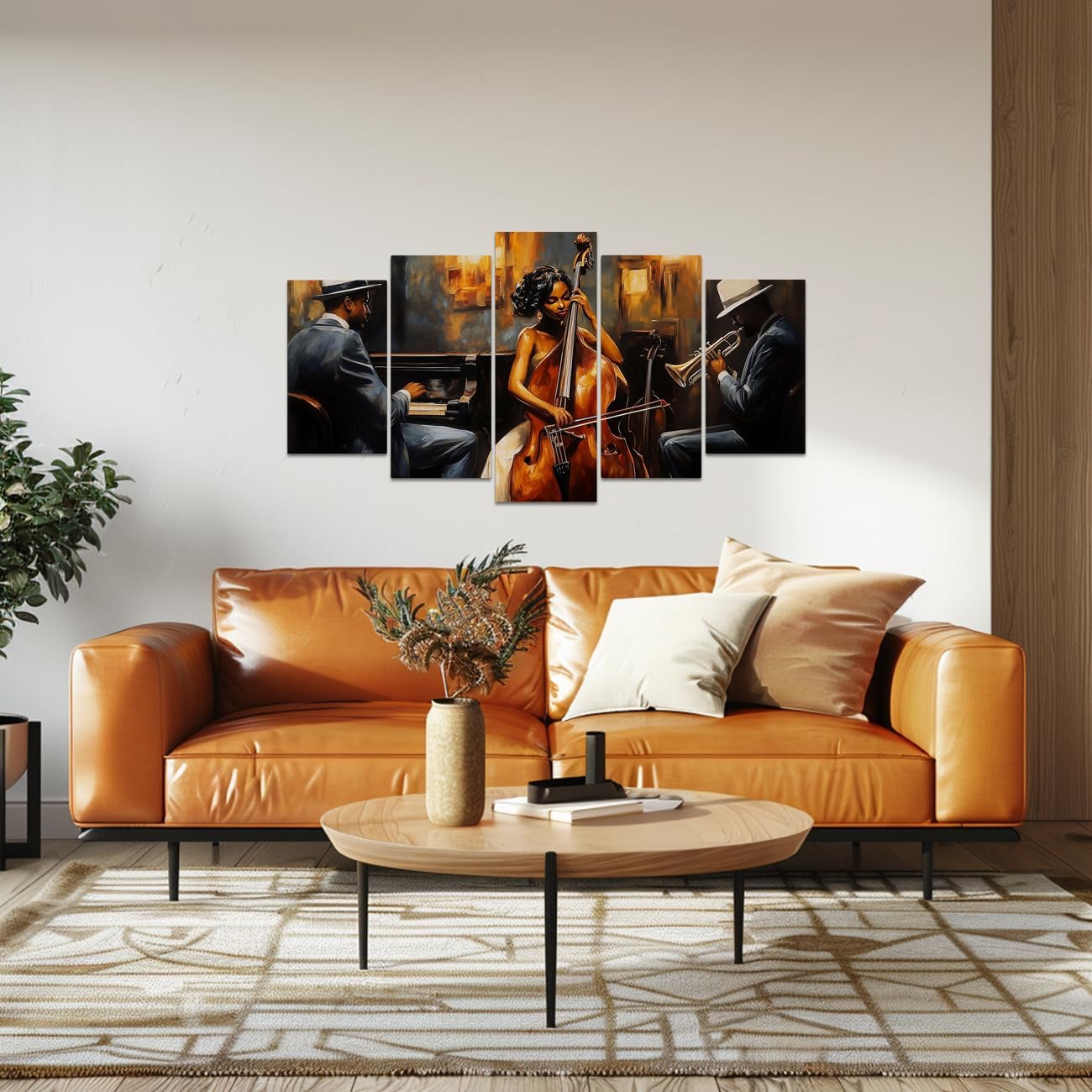 ANCROUTERY 5 Pieces African American Jazz Wall Art Black Music Canvas Print Black Woman Music Pictures Musical Instruments Painting Classroom Bar Decor Framed (Orange, (8x14inx2 8x18inx2 8x22inx1))