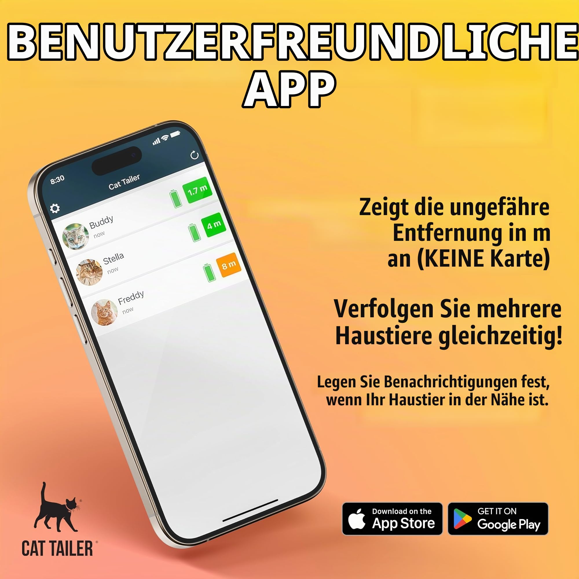 Katzen-Tracker – kleines und leichtes wasserdichtes Bluetooth-Halsband für Haustiere, 100 m Reichweite, austauschbare 6 Monate Akkulaufzeit, kompatibel mit Android/Apple iOS