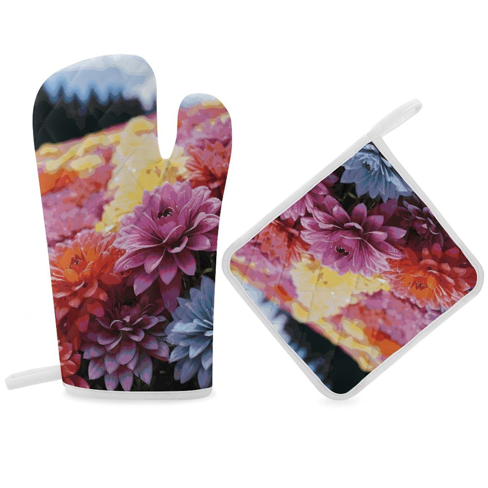 Gants de cuisine antidérapants imprimé arc-en-ciel avec 2 maniques isolantes en polyester