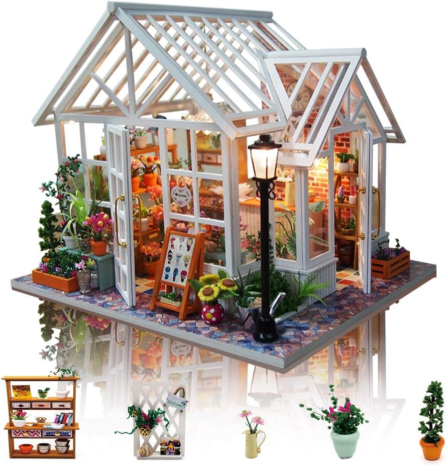 GuDoQi Miniature Dolls House Kit with Music, DIY Miniature House Model Kits for Adults to Build, Handmade Crafts Kit, Room Decoration, for Birthday, Flower Shop