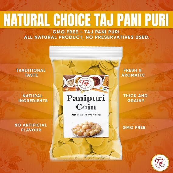 TAJ Pani Puri Coins | Flat Puri | Uncooked | Microwaveable | 7oz (200g)