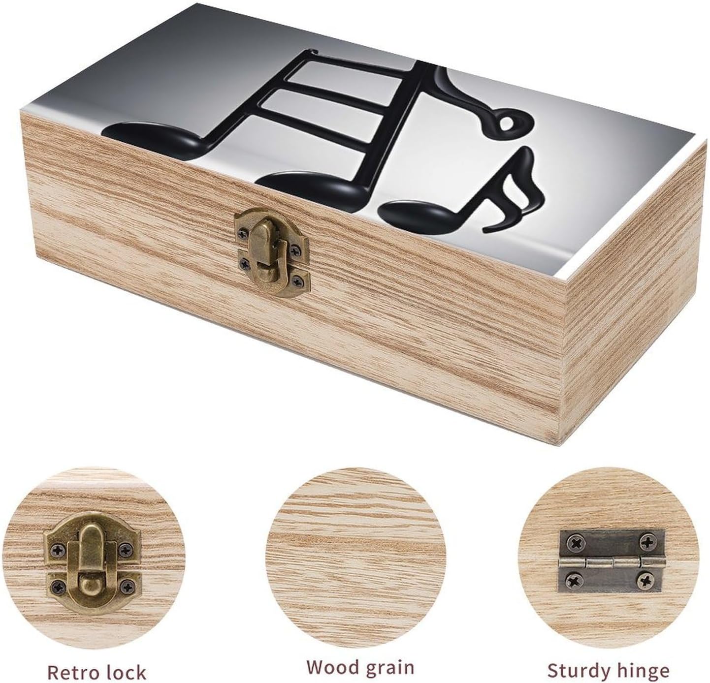 Black White Music Note Wooden Keepsake Box with Lids Wood Storage Box with A Hinged Lid Decorative Boxes Table Large Rectangular Organizer Container for Jewelry Photos Craft image 3