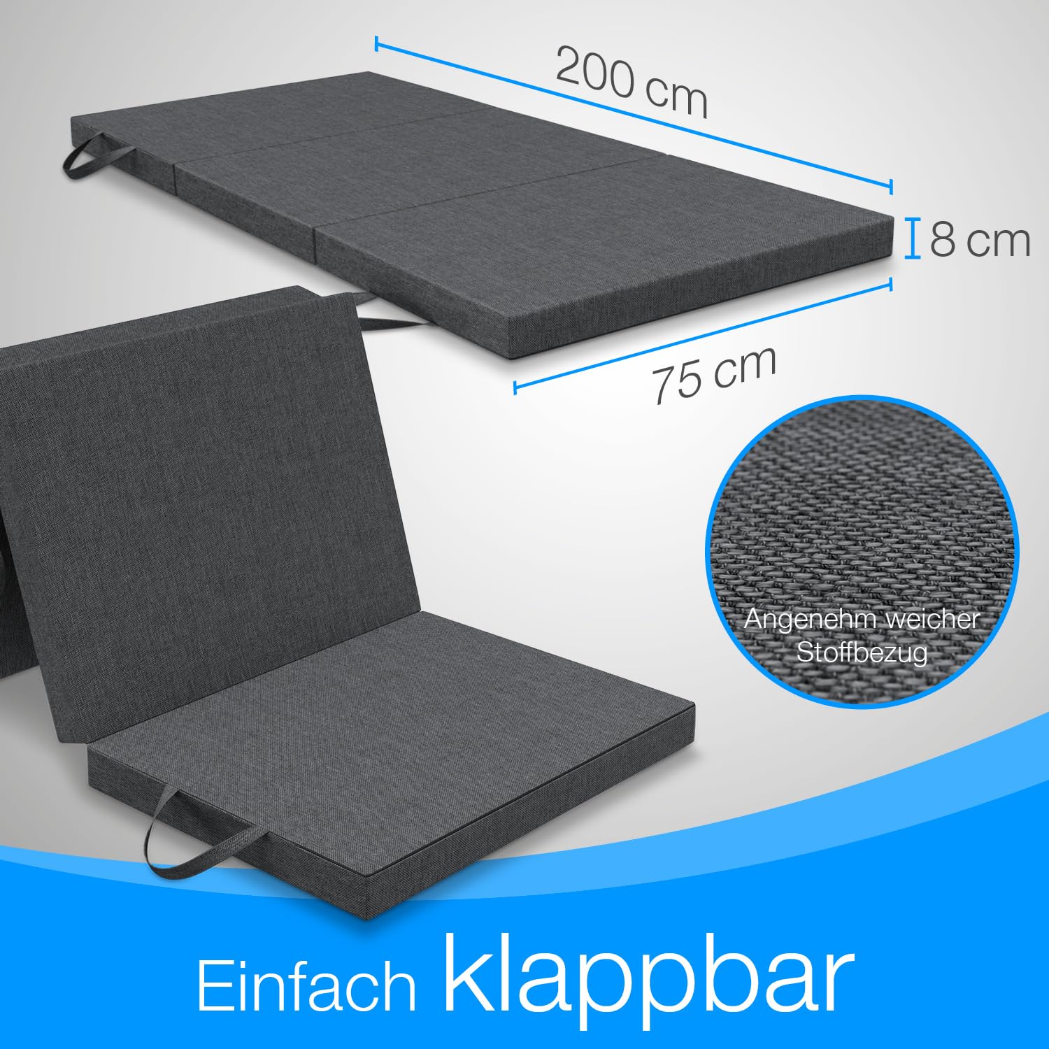 ELONEO Klappmatratze 75x200 cm, 8 cm hoch, Gästematratze klappbar, Faltmatratze, Faltbare Matratze, Bandscheibenwürfel, Reisematratze, Gästebett klappbar, Klappbett waschbar