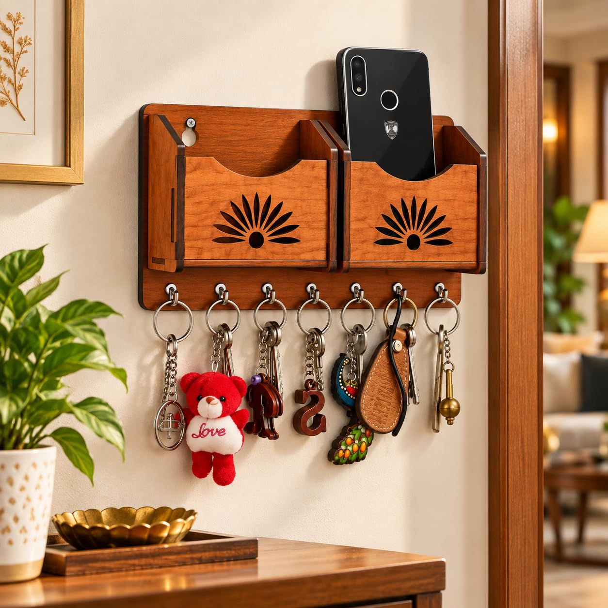 CAPIO ART Wooden Key Holder - 7 Hooks & Mobile Storage -4