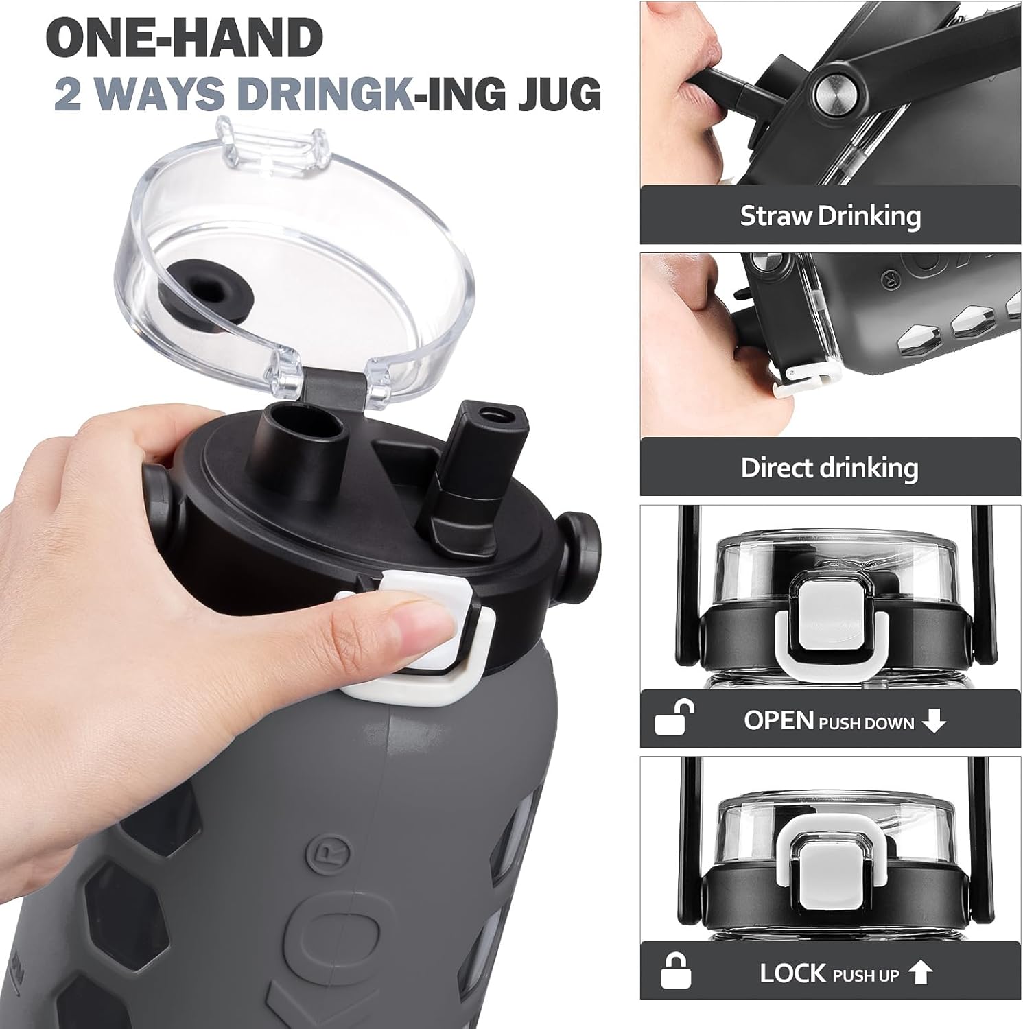 MUKOKO Half Gallon/64 oz Glass Water Bottles with Straw and Lid,Motivational Water Jug with Time Marker Reminder and Silicone Sleeve,100% Leakproof BPA Free Fitness Sports Large Bottle-Grey - Image 5