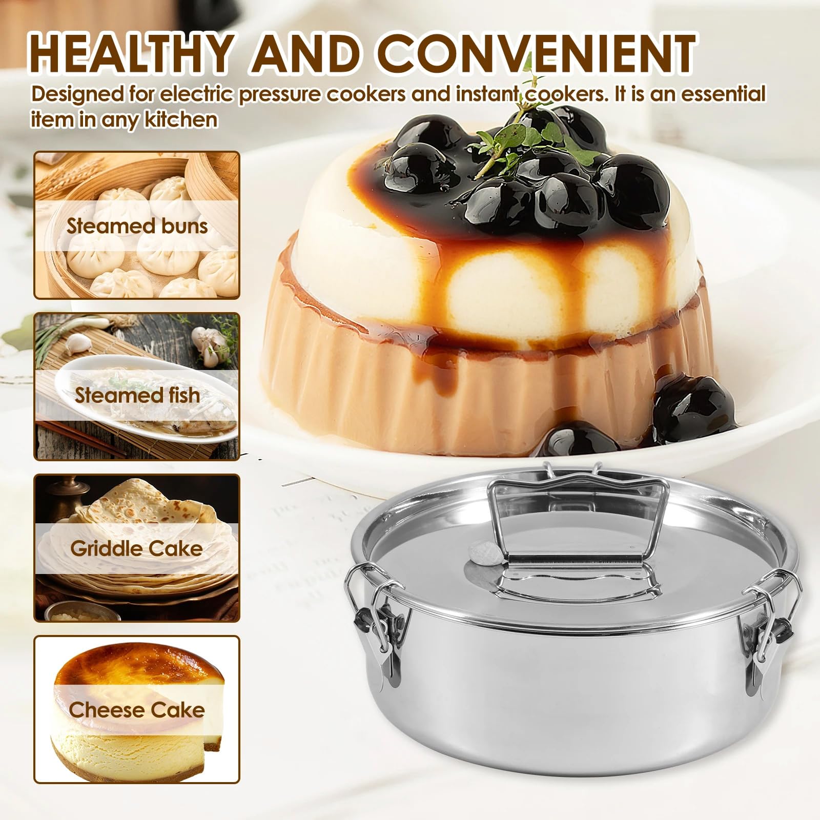 Molde redondo de acero inoxidable para flan con tapa y para cocinar uniformemente distribución del calor, resistente a la oxidación, tartas de queso
