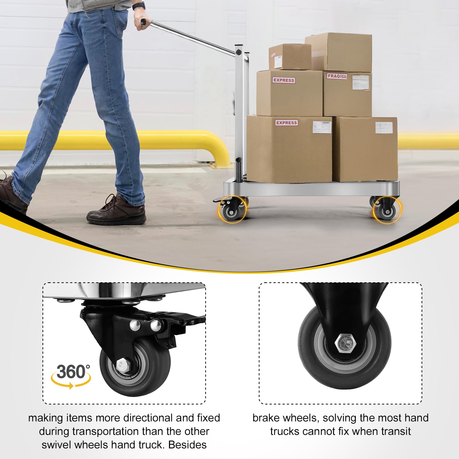 Carrello pieghevole in acciaio inox, con maniglia regolabile, con 4 ruote e 2 cinghie di ancoraggio per traslochi, viaggi, shopping, uso in ufficio, giardinaggio, carrello per bagagli