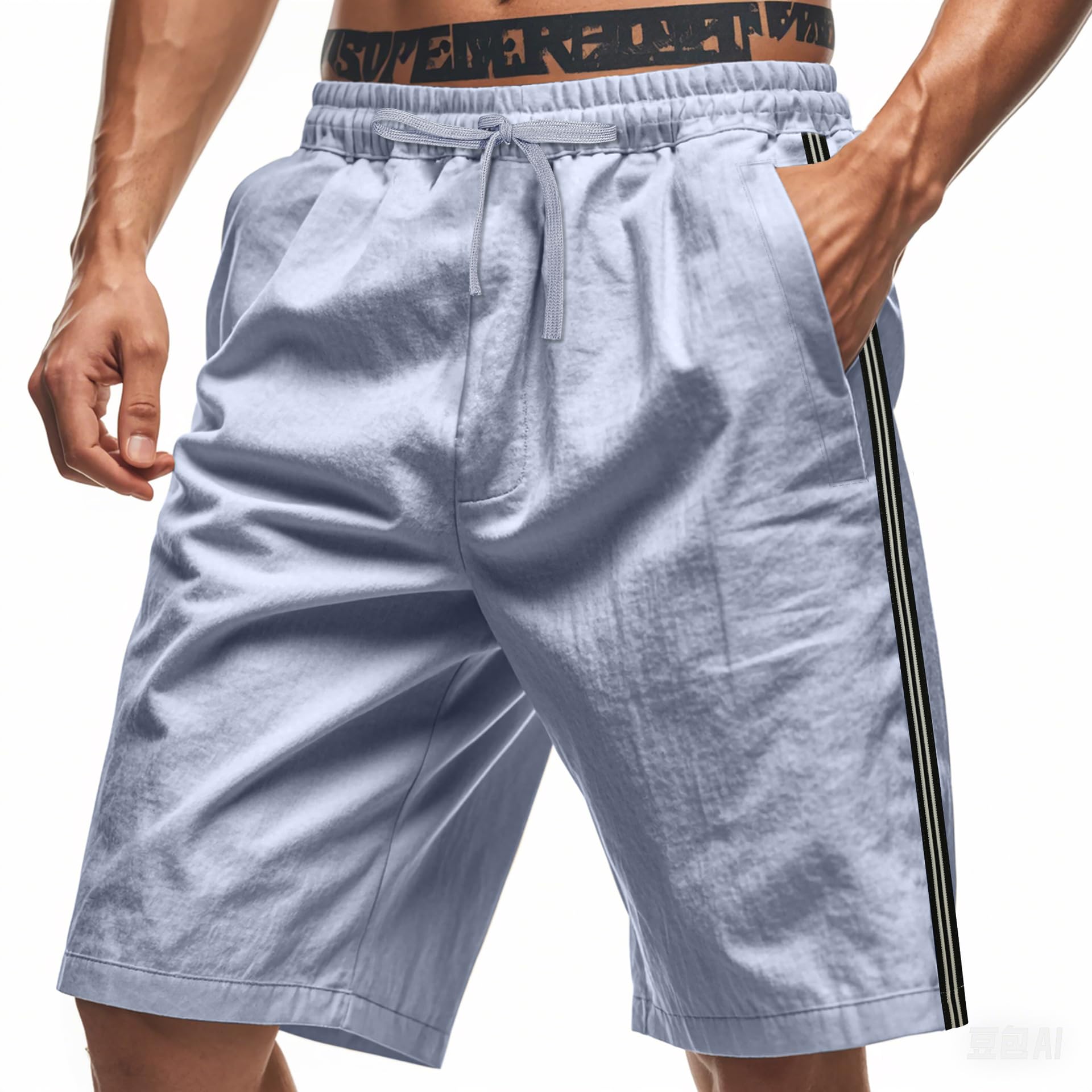 Mens Summer Striped Shorts Solid Color Elastic Waist Drawstring Beach Pants with Pockets Sports Fitness Pants