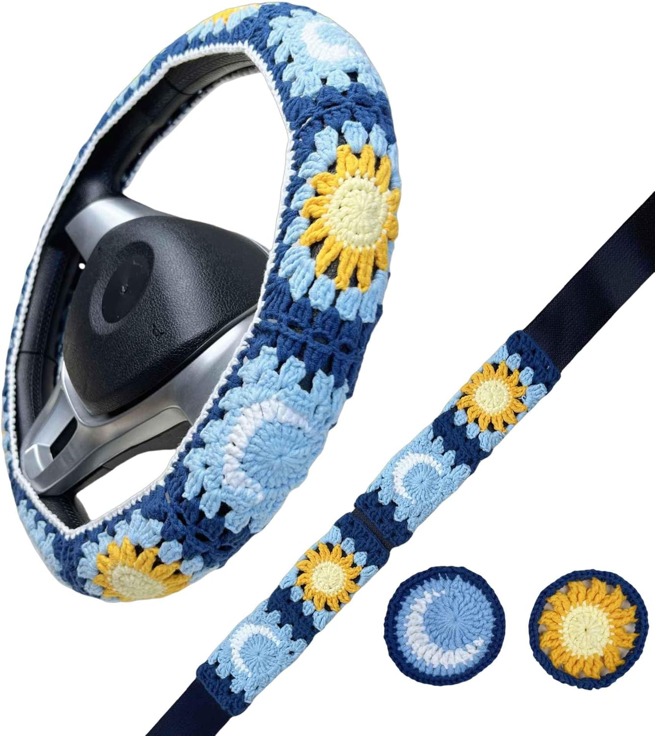 Handmade Crochet Moon and Sun Car Steering Wheel Covers Universal 14-15 inch for Women and Men (Steer Wheel Cover+ 2 Belt Cover+2 Coaster)