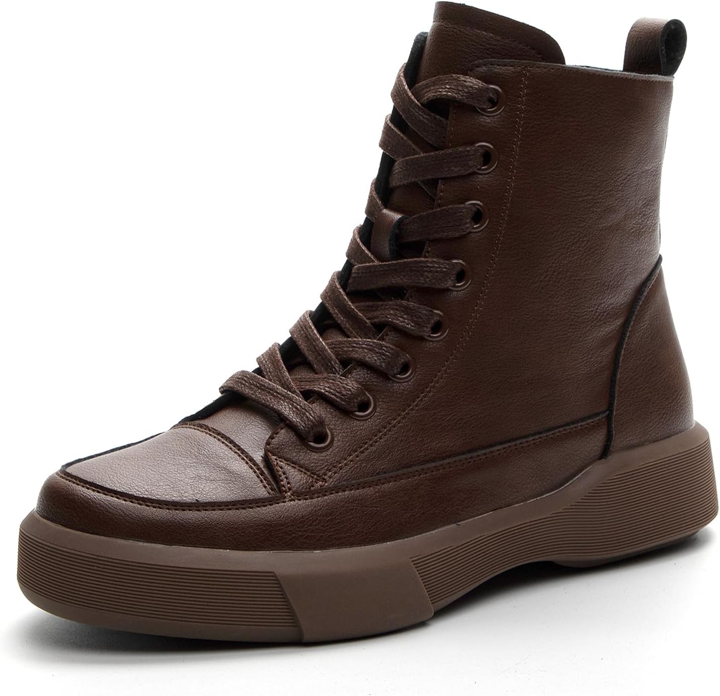 Womens Genuine Leather Lace Up Side Zipper High-Top Ankle Boots Retro Round Toe Platform Adds Height Fashion Combat Booties