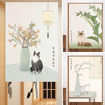 のれん目隠し 壁飾り 猫と花 縦147×横87.5cm ベージュ Amazon|のれん ねこ柄 両開き かわいい 猫 にゃんこ 目隠し