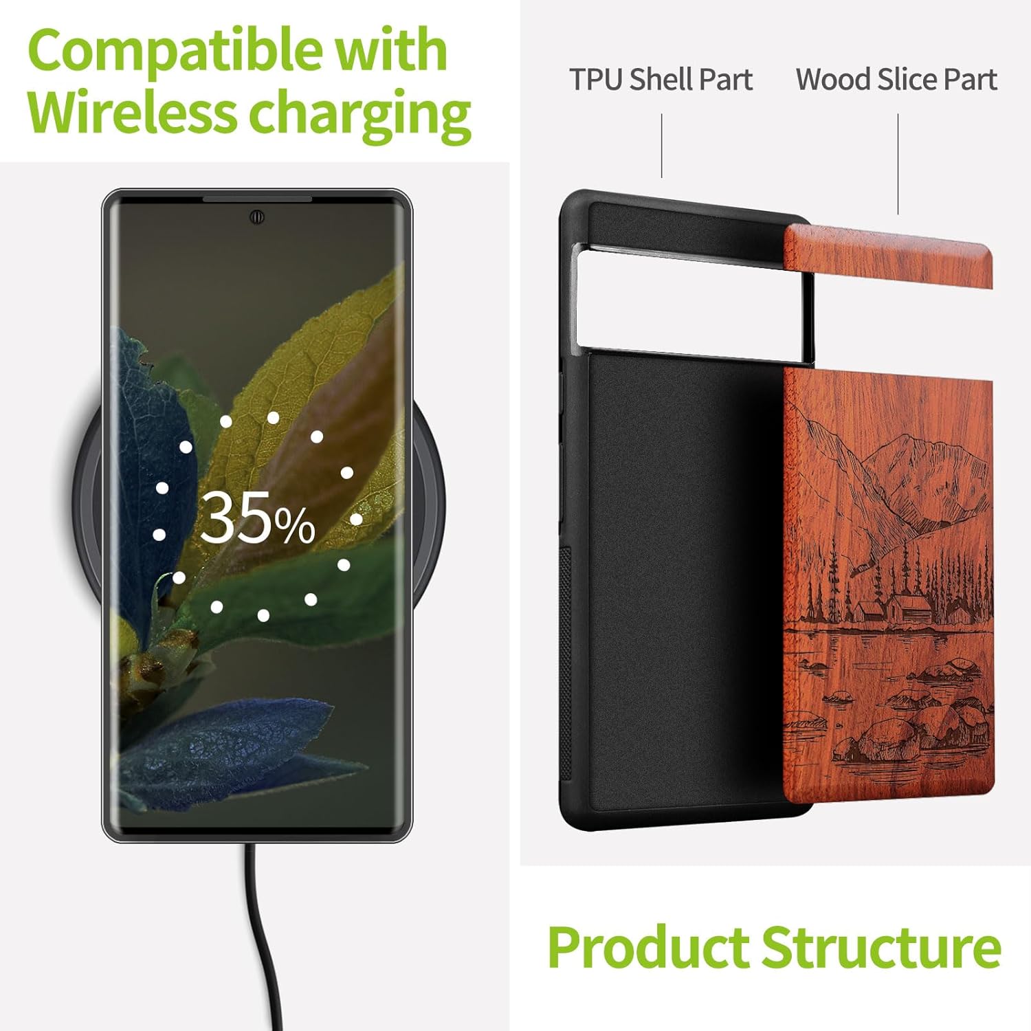 Carveit Wood Case for Pixel 8 Pro Case [Natural Wood & Black Soft TPU] Shockproof Protective Unique Wooden Cover Compatible with Google Pixel 8 Pro (Lakes and Mountains-Rosy)