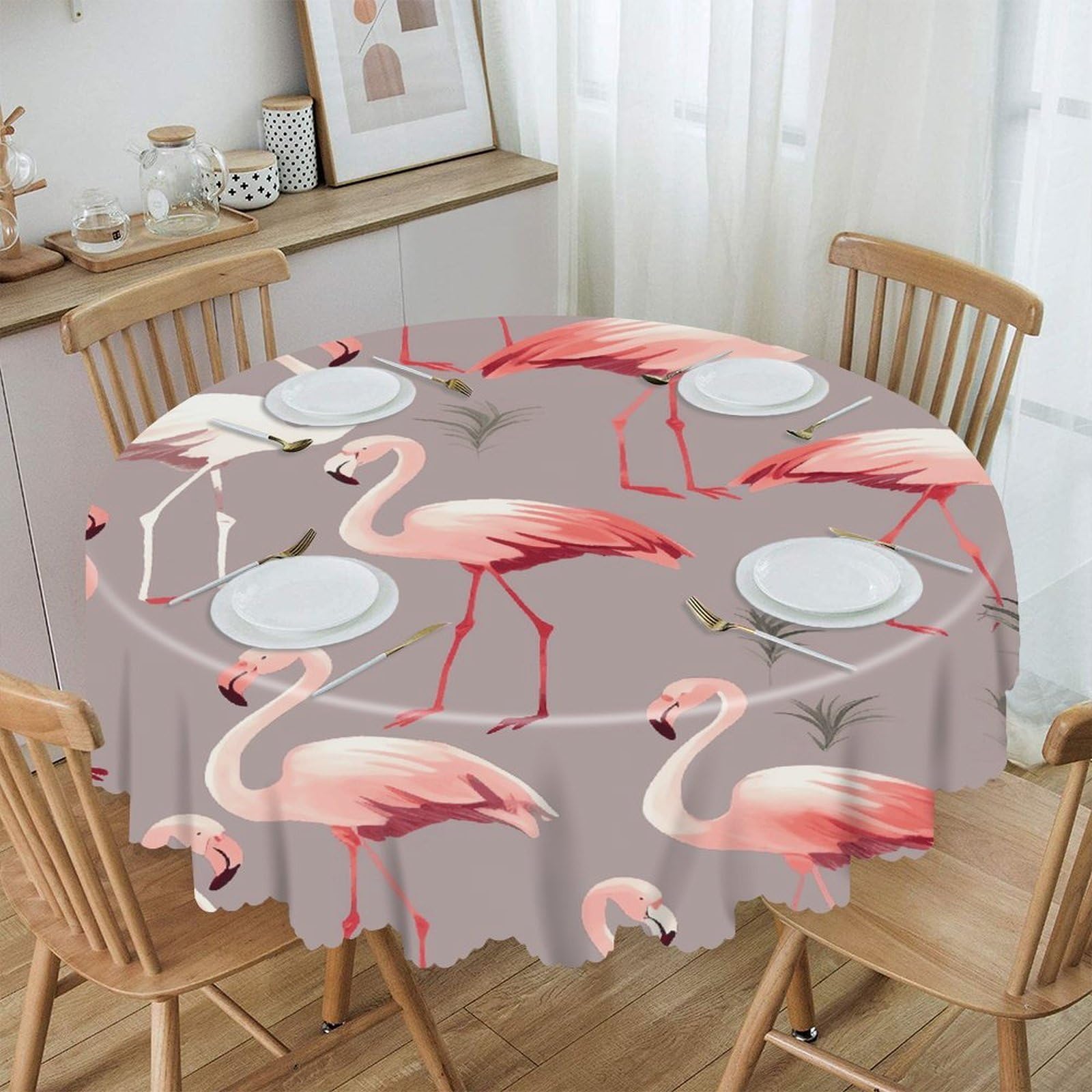 FekiLoot Pink Flamingo Pattern Round Tablecloths 60 Inch Resistant Washable Polyester Table Cloth Style Decorative Circle Fabric Table Cover for Dining Kitchen Party Farmhouse Outdoor