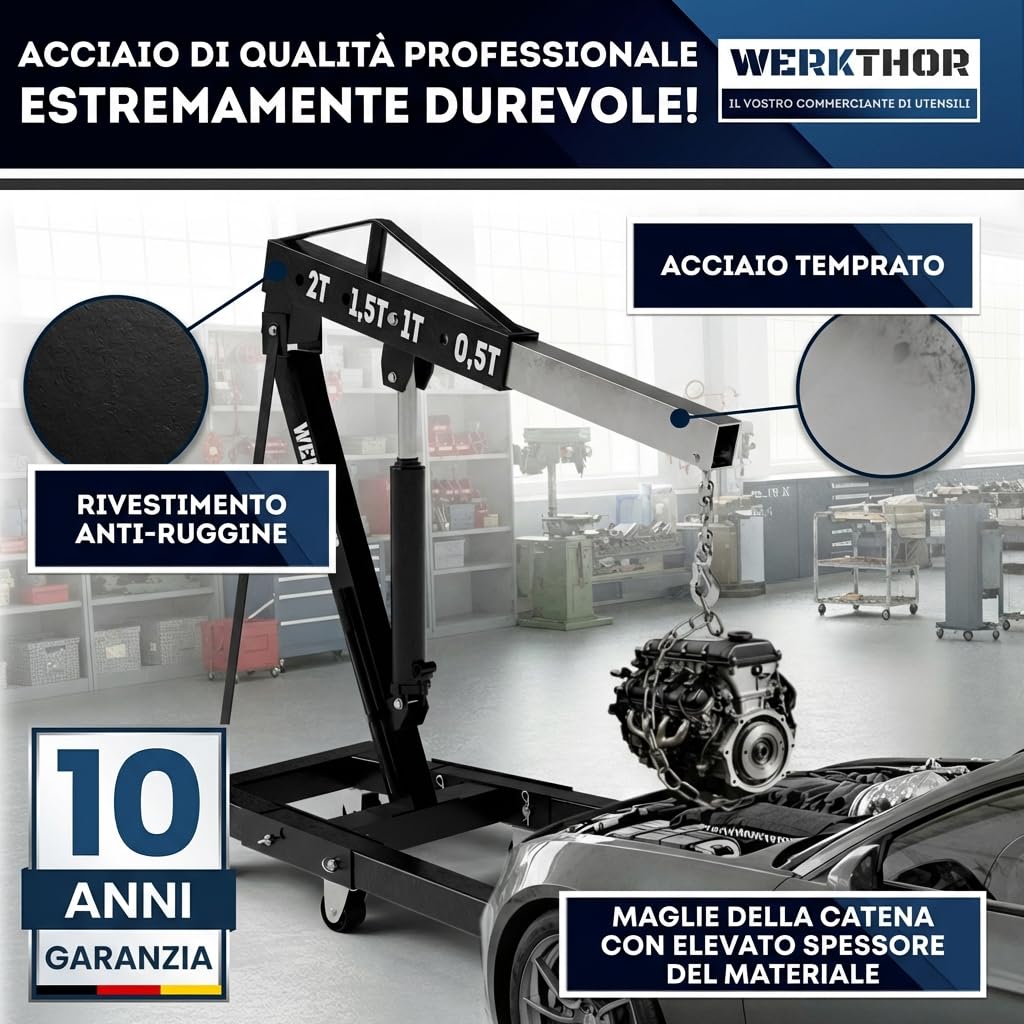 WERKTHOR Grúa de taller – 500 kg de grúa hidráulica no plegable – grúa de motor para coche negro con 4 ruedas y cadena equilibradora – elevador de motor para desmontaje de motor – taller y hobby