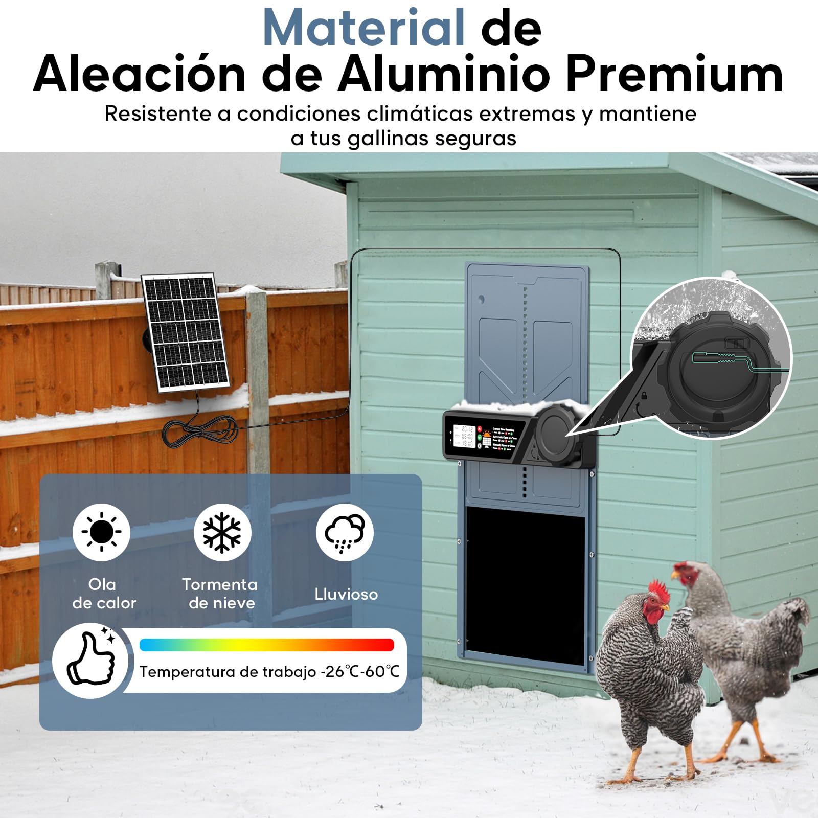 CHAMUTY Puerta automática para gallinero solar con temporizador, panel solar 7W, LCD, mando a distancia