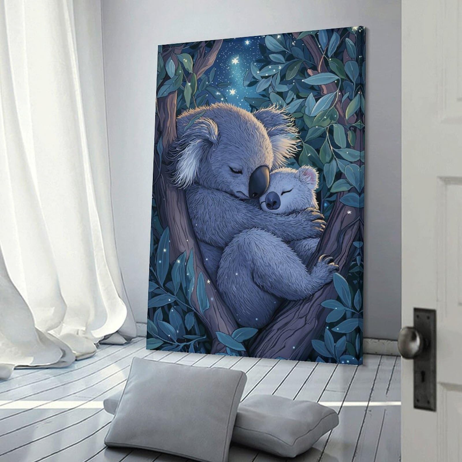 Junmoney Koala Family Night Canvas Art Print, 24x36inch(60x90cm), for Living Room, Bedroom, Office Or Hallway, Decorative Artwork with Broad Appeal