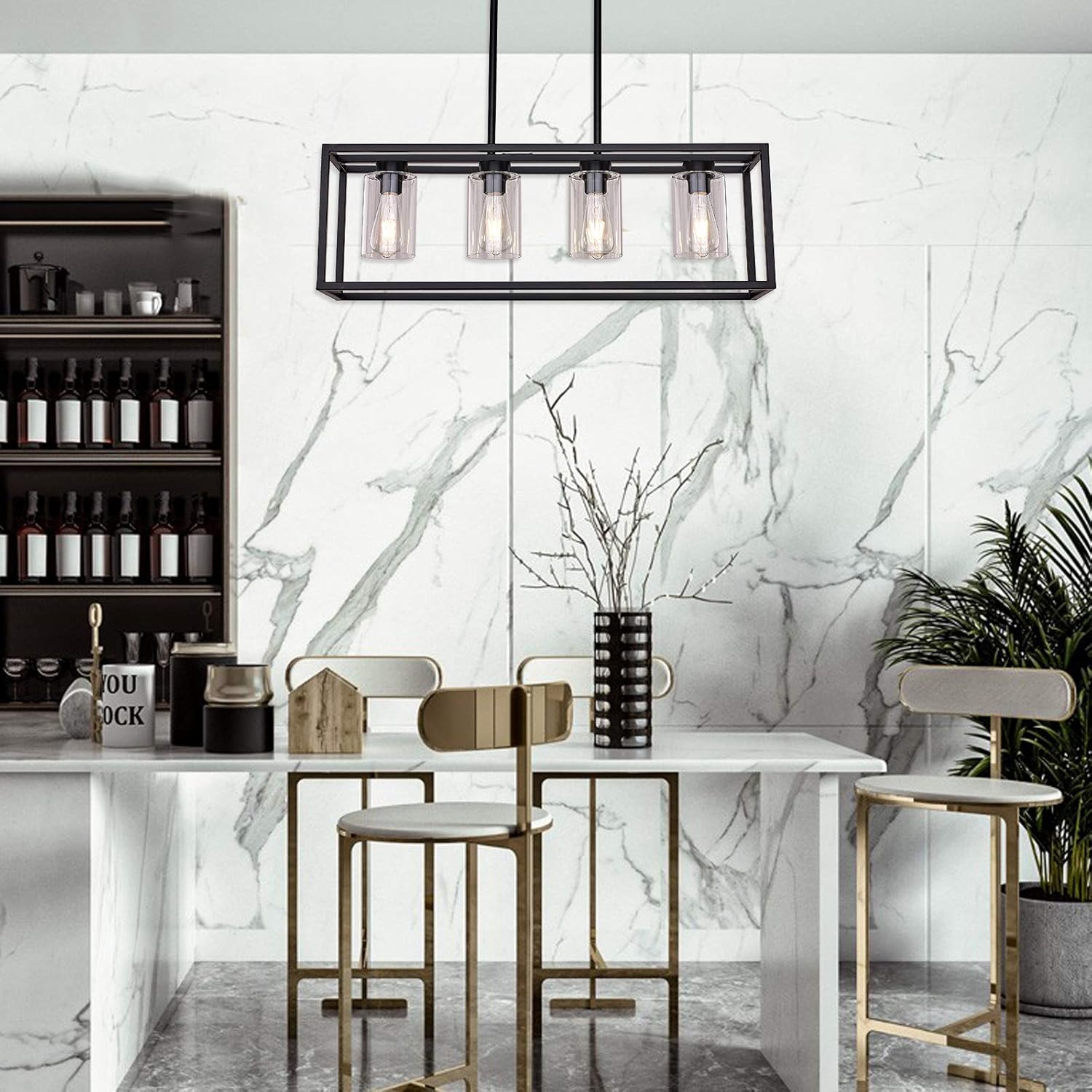 XILICON Black Dining Room Chandeliers Lighting Fixture Linear Pendant Modern 4-Light with Glass Shades Vintage Farmhouse Ceiling Light Hanging for Kitchen Island Cafe Bar