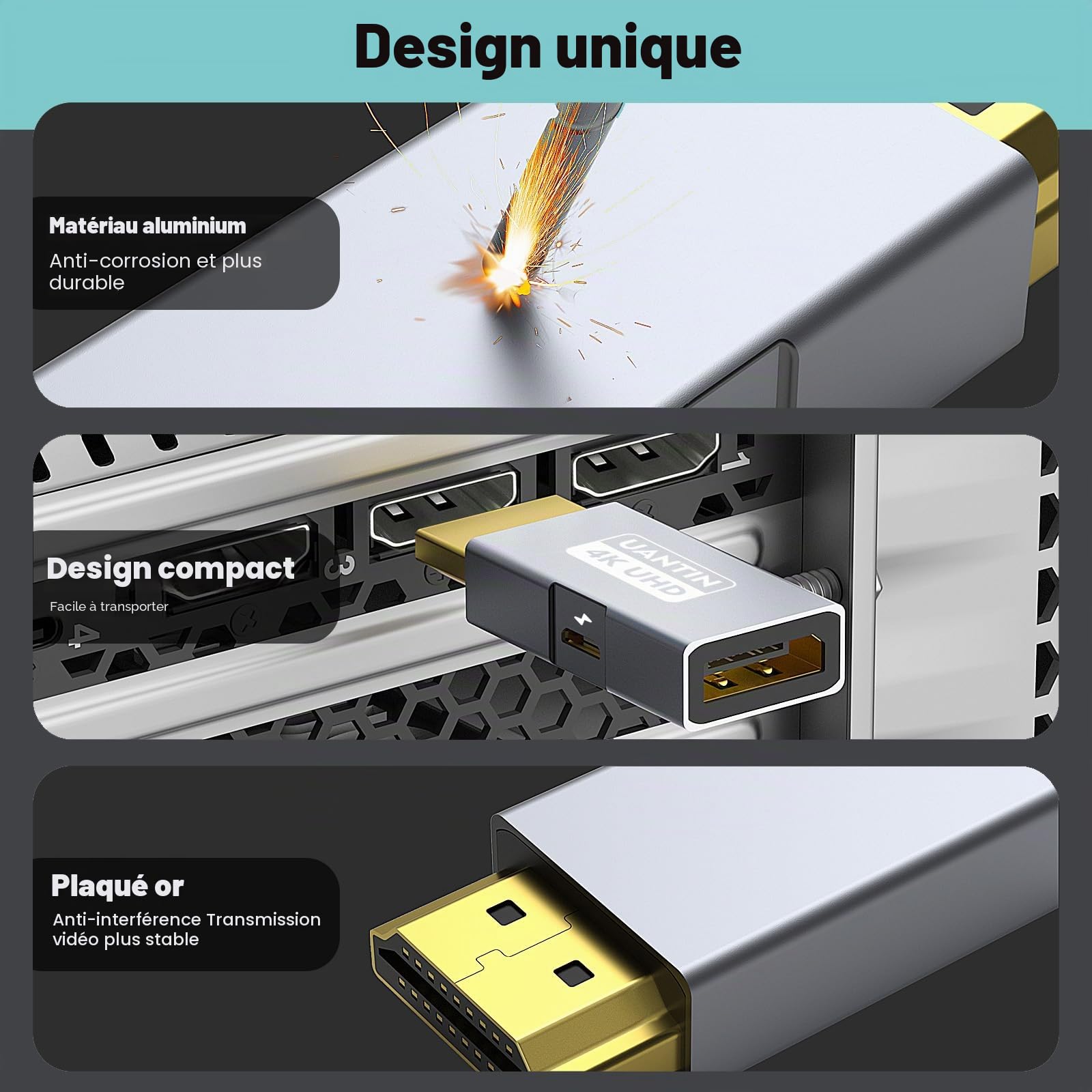 UANTIN Adaptateur HDMI vers DisplayPort (4K 60Hz, 1080p 120Hz) Convertisseur unidirectionnel HDMI mâle vers DP femelle [Pack de 2] pour moniteur compatible avec GPU, ordinateur portable, AMD, NVIDIA