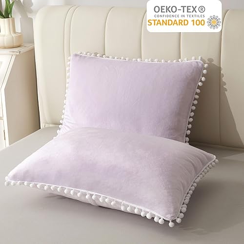 Miniatura 3 de LIFEREVO Juego de 2 fundas de almohada de terciopelo suave con pompones, fundas de almohada decorativas con flecos, bonitas fundas de almohada