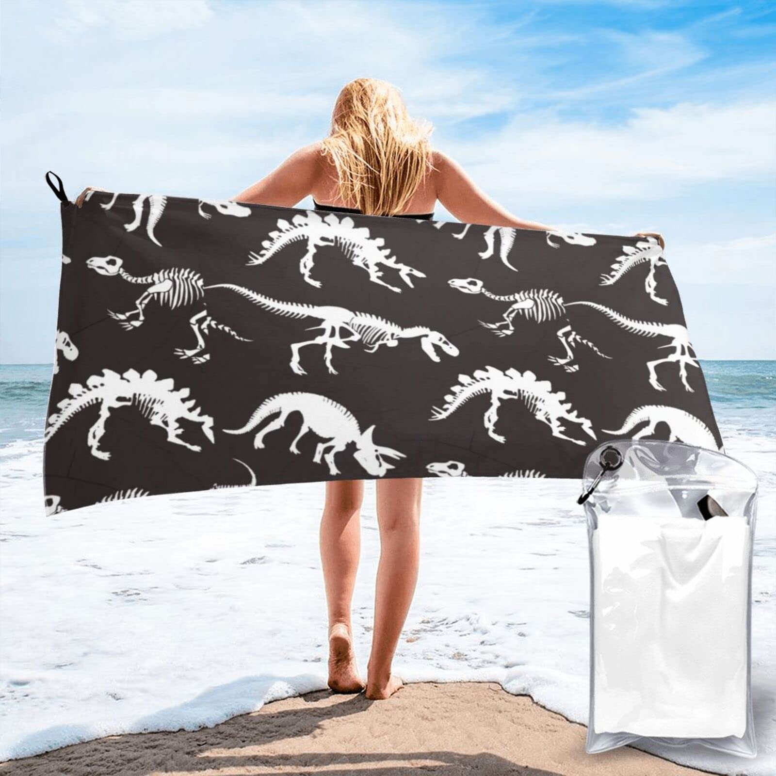 Lawenp Dinosaur Bones Microfiber Beach Towel Adults Large Quick Drying Bath Towel Travel Towels with Pouch 27.5"x55"