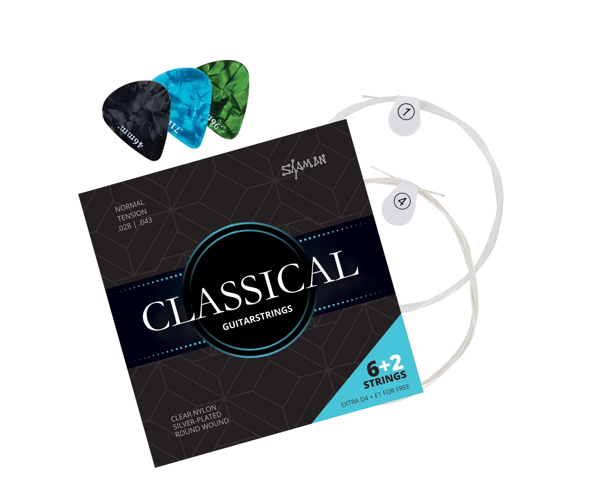 Shaman Gitarrensaiten für Konzertgitarre - 10 Satz Premium Nylon Saiten für klassische Gitarre und Akustikgitarre - 6+2 Saiten-Set inklusive 3 Plektren, D-Saite und extra hohe E-Saite