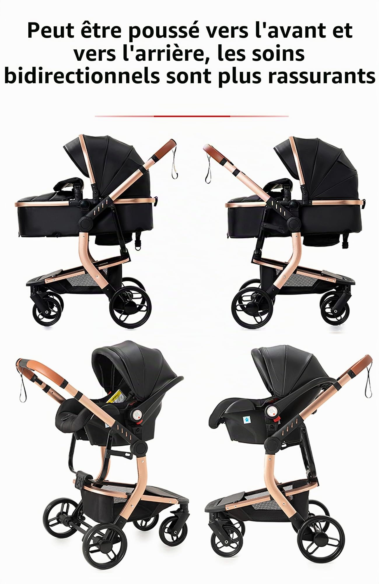 MoLi Poussette 3 en 1 en cuir synthétique, système de voyage 3 en 1 avec deux modes de poussée réversibles, poussette pour nouveau-né avec pliage en un clic, cadre en aluminium (518 kaki)