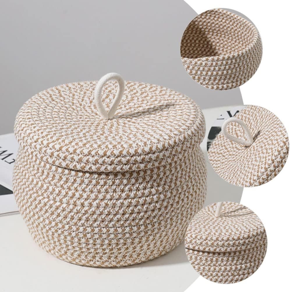 Cabilock Round Rope Basket with Lid:2pcs Decorative Woven Storage Bin Cotton Rope Lidded for Snacks, Towels, Plants