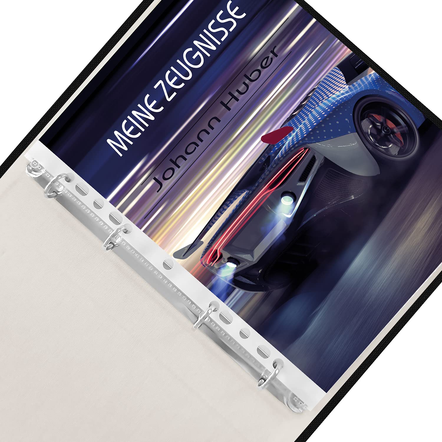 Zeugnismappe personalisiert High Speed A4 ca. 31x24 cm, lila blau, Zeugnisbuch Auto, Urkundenmappe Einschulung, Schulanfang