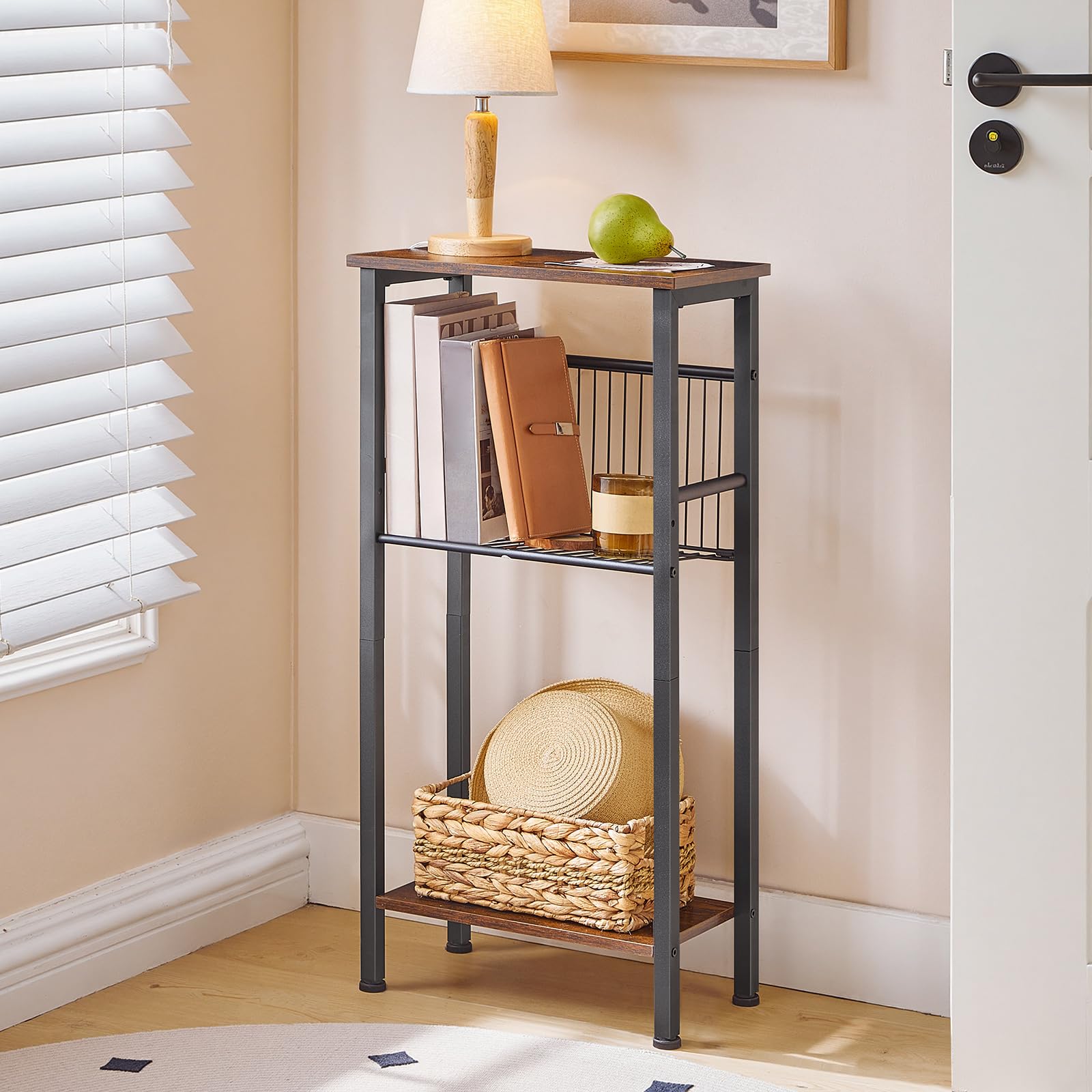 HOOBRO Console Haute et Étroite à 3 Niveaux de 40 cm, Étagère Ouverte, Étagère Réglable en Filet, Pieds Réglables, Anti-Basculement, pour Couloir, Salon, Canapé, Marron Rustique et Noir EBF41XG01
