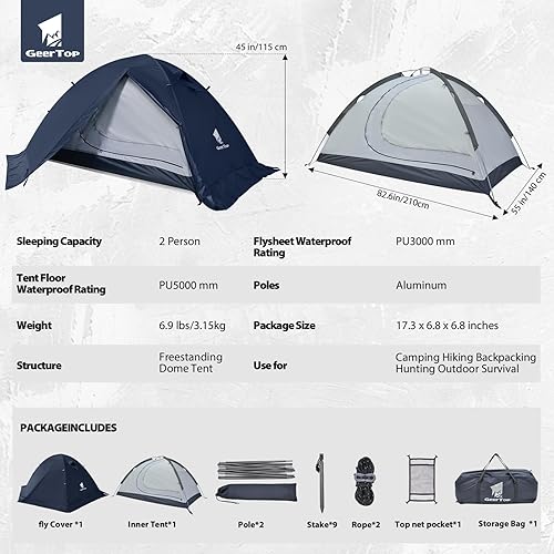Miniatura 6 de GEERTOP Tienda de campaña ultraligera para 2 personas, 4 estaciones, impermeable, doble capa, clima frío, fácil de instalar, para campamento