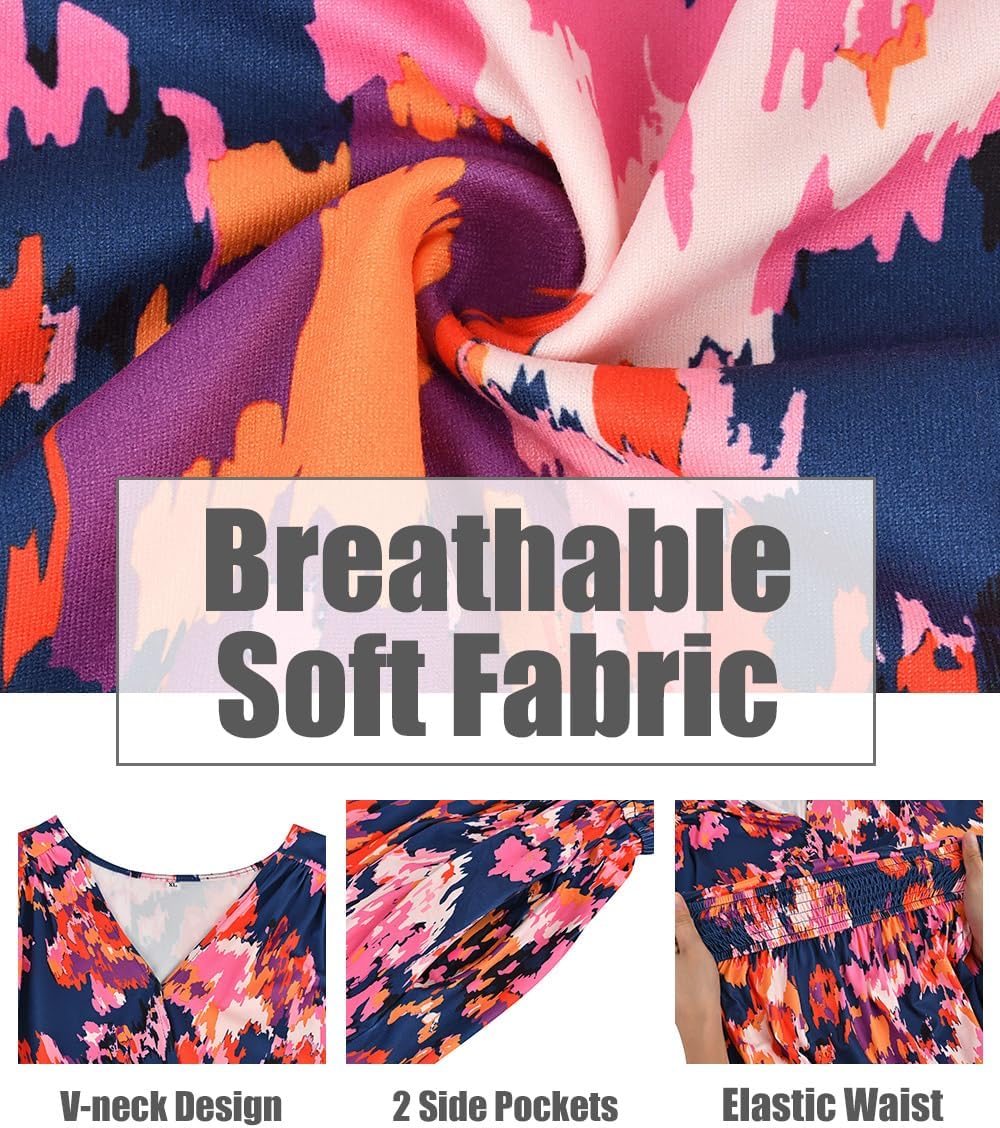 CARCOS Plus Size Dresses for Curvy Women V Neck Summer Maxi Dress Short Sleeve Floral Boho Dress Smocked Waist Beach Dress - Image 6