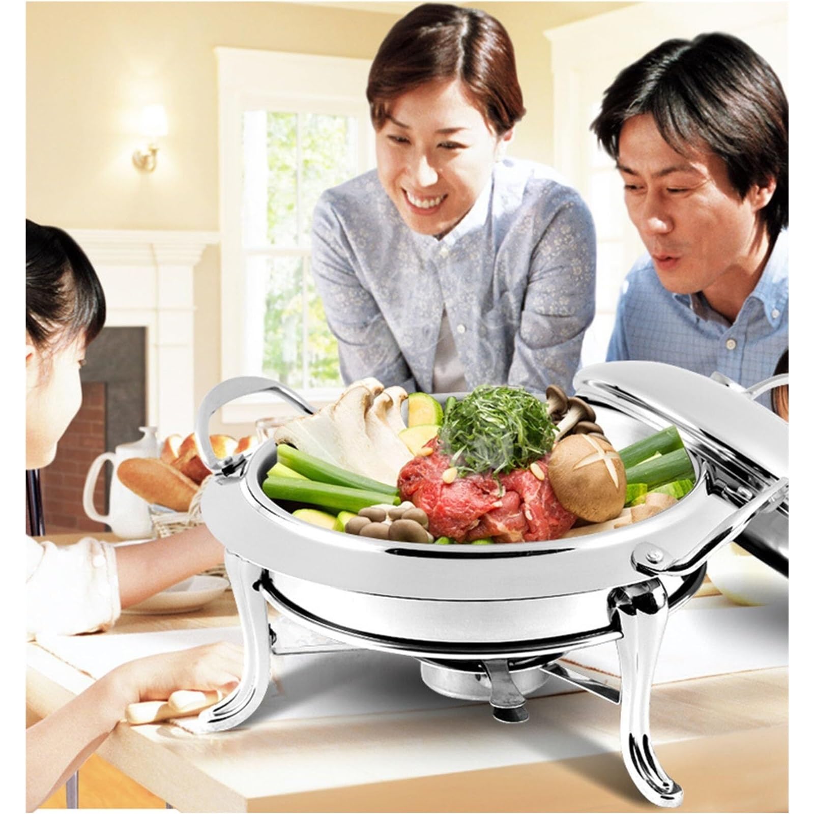 Set scaldacontenitori e scalda Buffet Cucina a Buffet | Scaldavivande rotondo in acciaio inossidabile con coperchio, set da buffet rotondo for scaldavivande(Silver,22cm)