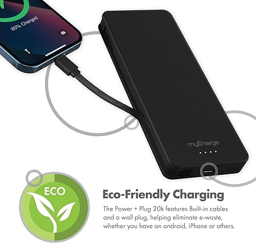 Miniatura 5 de myCharge Cargador portátil Power + Plug USB C Dual Power Bank con batería interna de 20,000 mAh, cable integrado, puerto adicional, enchufe de pared