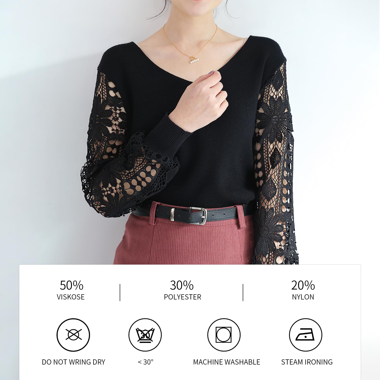 Qin Derdom Maglione in Pizzo da Donna - Elegante Pullover con Scollo a V e Occhielli all'Uncinetto, Manica Lunga, Maglia Leggera Traforata