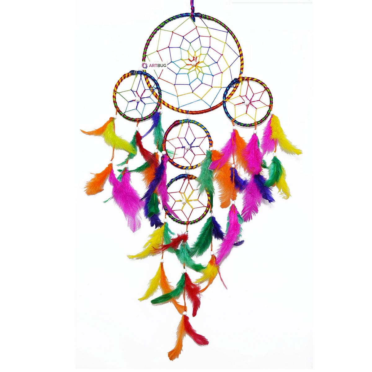 ARTBUG™ Natural Feather Dream Catcher 5 Rounds Wall Hanging for Positive Energy and Protection (Big Size 55cm) - for Home/Office/Shop/Rooms