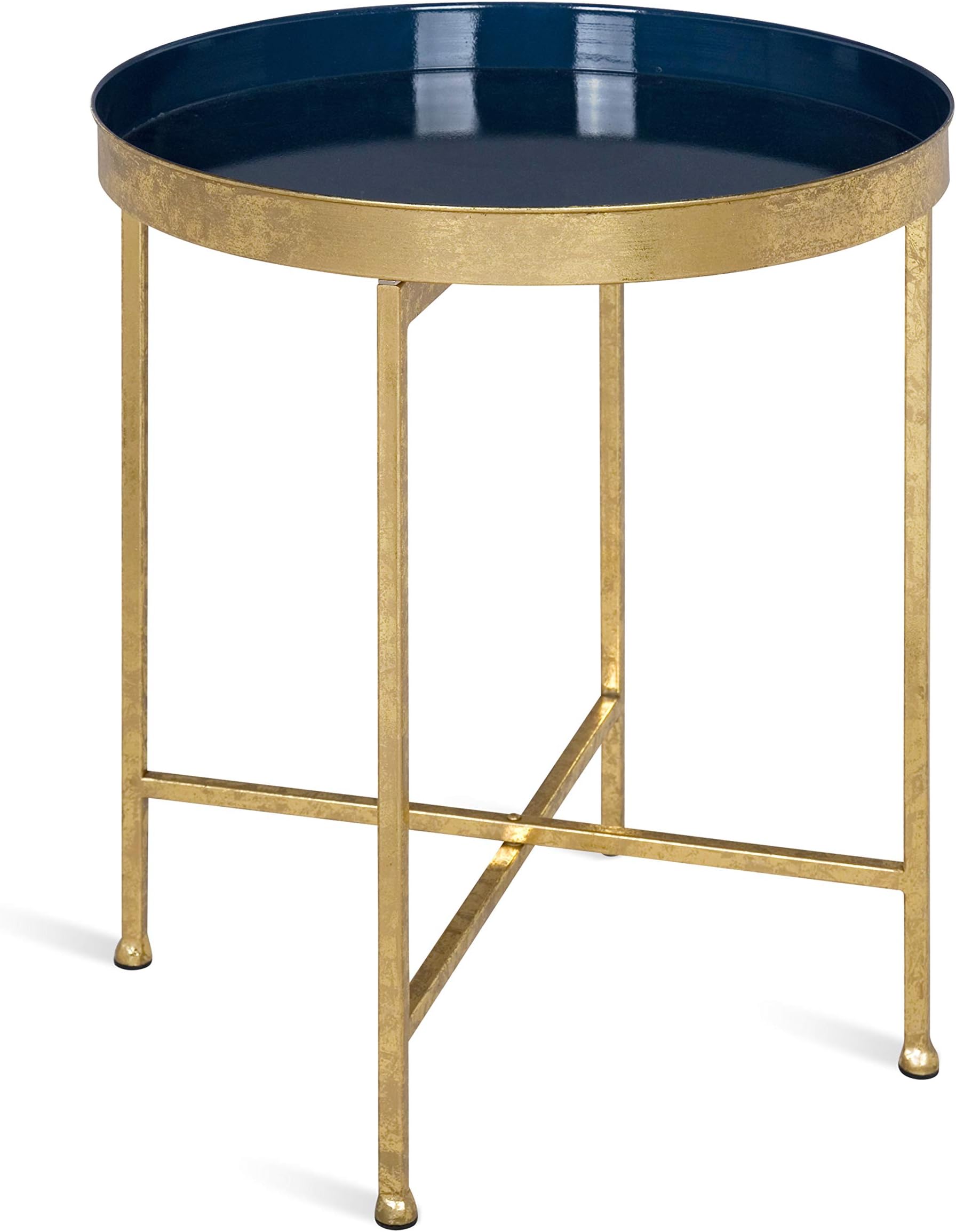Celia Metal Foldable Round Accent Table, 18.25" x 18.25" x 22", Navy Surface and Gold Frame, Modern Minimalist Design and Detachable Magnetic Tabletop