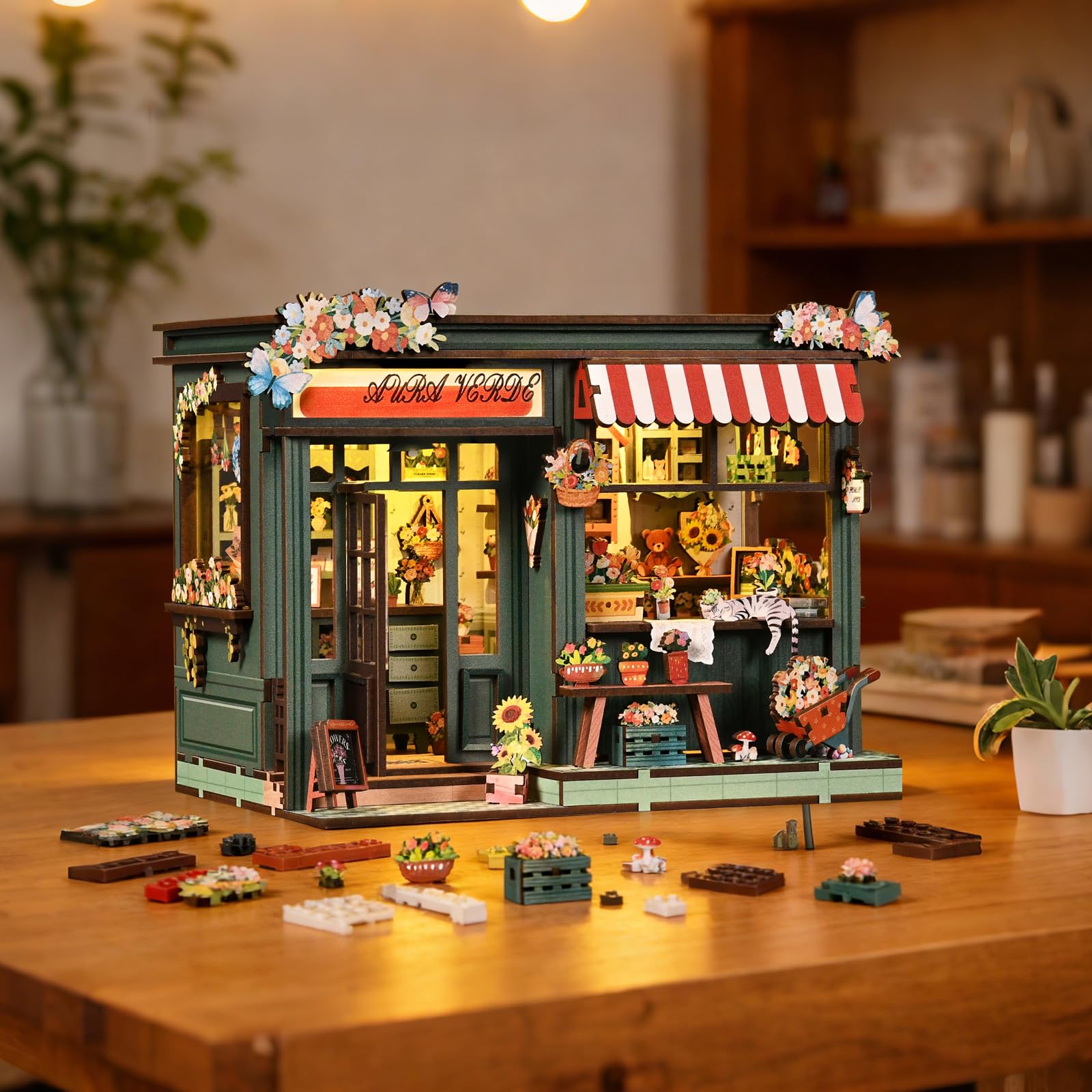 Kit fai da te in miniatura per adulti e ragazzi, decorazione per la casa con scena di negozi di fiori, mini decorazione per la casa, con interruttore touch, puzzle in legno 3D regalo per gli