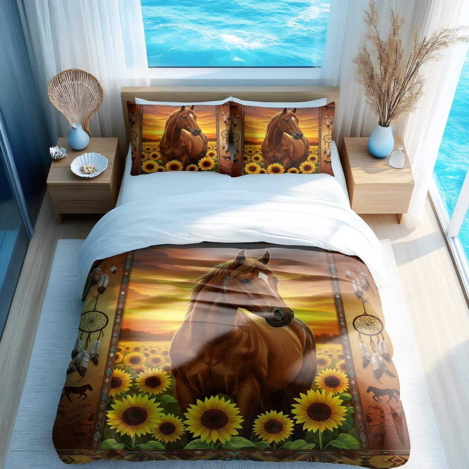 Housse de couette cheval marron et tournesol 240x220 parure de lit 3D grand lit