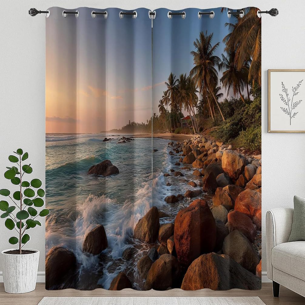 Rideau Occultant Vue sur la Mer 160x300 cm | Lot de 2 Rideaux Thermiques pour Fenêtre