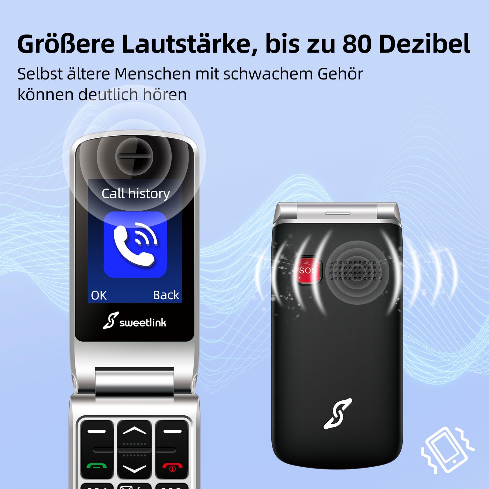 SweetLink F1PLUS Seniorenhandy Klapphandy Ohne Vertrag, Großtastenhandy mit Ladestation, GSM Flip Mobiltelefon SOS Notruffunktion, 1000mAh Akku, Taschenlampe, FM-Radio, 2,4 Zoll Farbdisplay, Schwarz