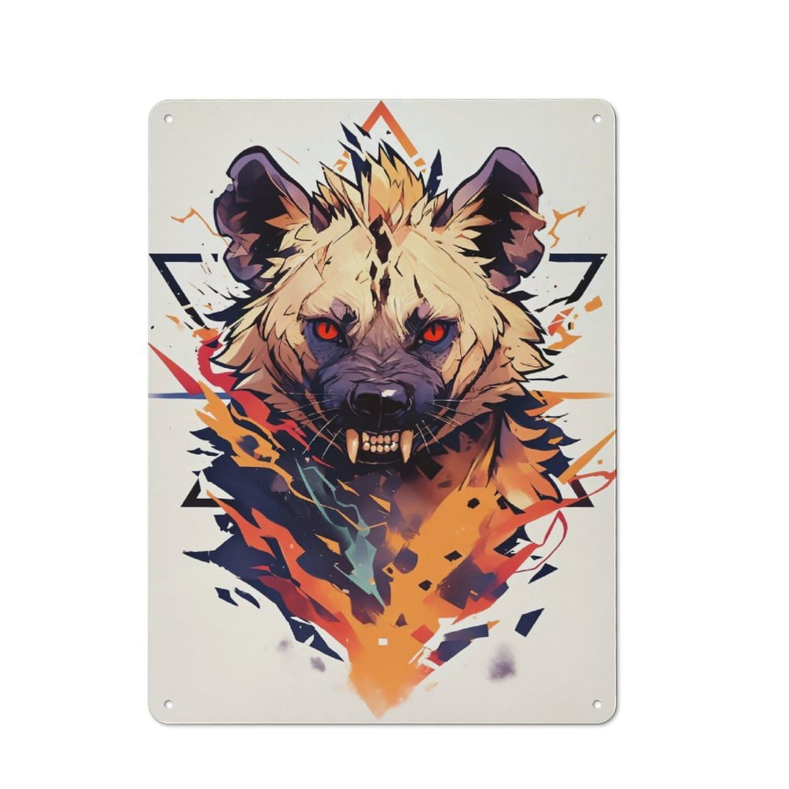 Junmoney Style-20 Tin Wall Plaque 40X30cm With Stylized Hyena Portrait With Geometric Elements For Garage Wall, Suited To People Furnishing A Garage
