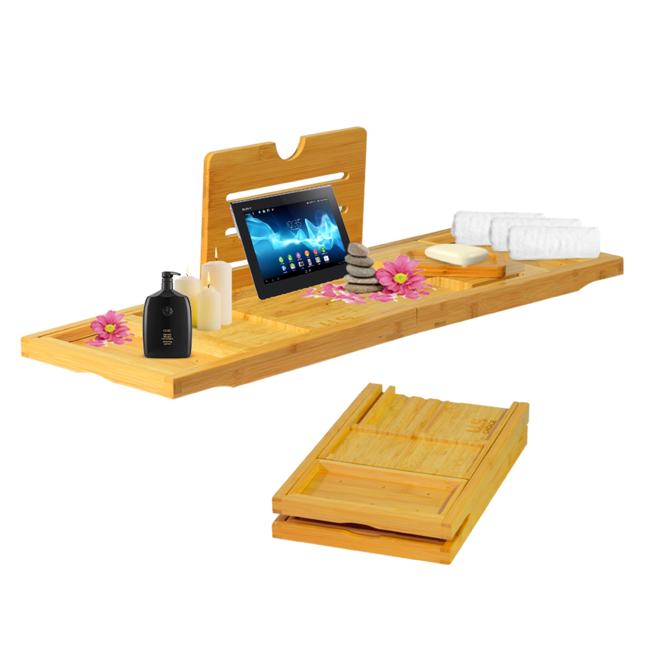 U.S ChoiceUS Choice Adjustable Bamboo Bathtub Tray Caddy - Collapsible & Folding Bath Tray for Tub - Premium Spa Accessories for Housewarming, Anniversary, Bridal Shower, BTT-01