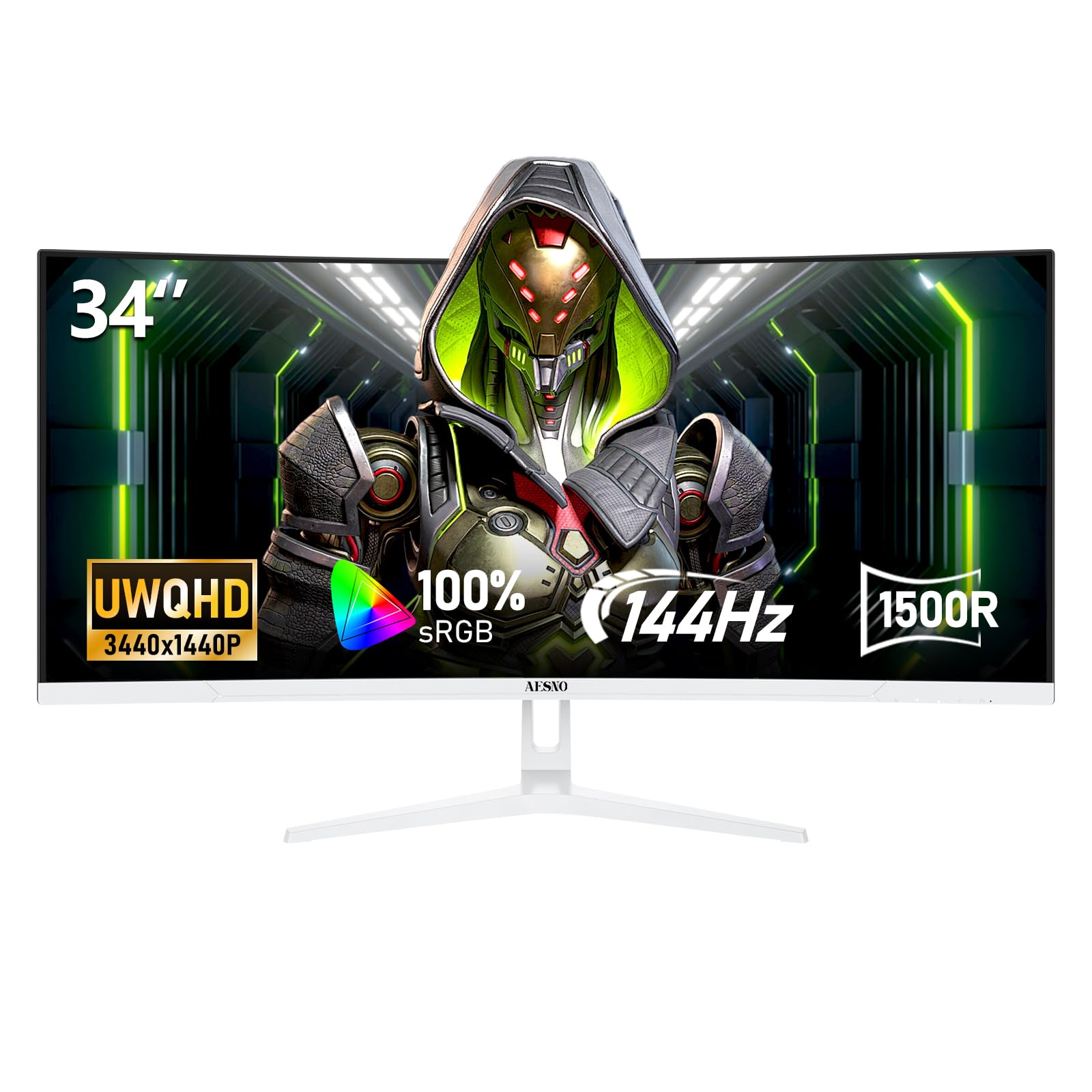 AESNO 34 Inch Gaming Monitor UWQHD(3440x1440) 144hz Ultrawide Curved Computer Monitors 1500R 21:9 Display Screen 1ms(GTG) 100% sRGB FreeSync VESA Suitable for commercial office games (White) 34-INCH-UWQHD-144Hz