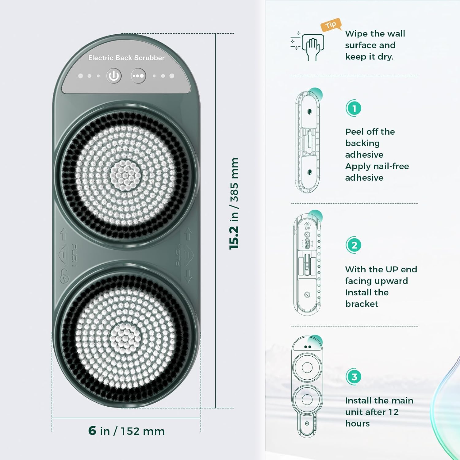 Electric Back Scrubber for Shower - Wall Mounted Exfoliating Brush, Hands-Free Automatic Body Scrubber, 3-Speed Adjustment with 2 Spin Skin Bath Brush Heads,IPX7 Waterproof