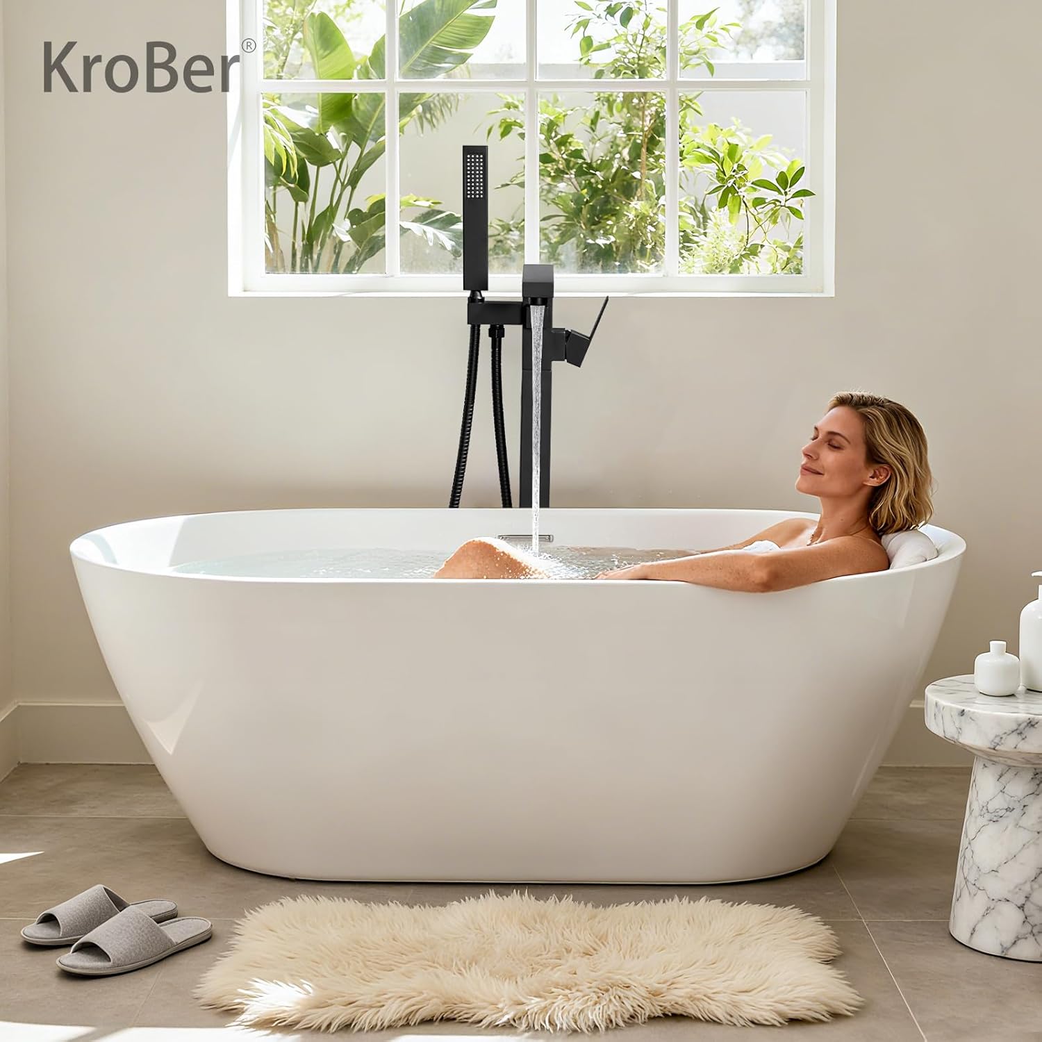 Freestanding Tub Faucet Bathtub Faucet Matte Black Tub Filler Floor Mount Faucet with Handheld Shower, Robinet de Bain Autoportant
